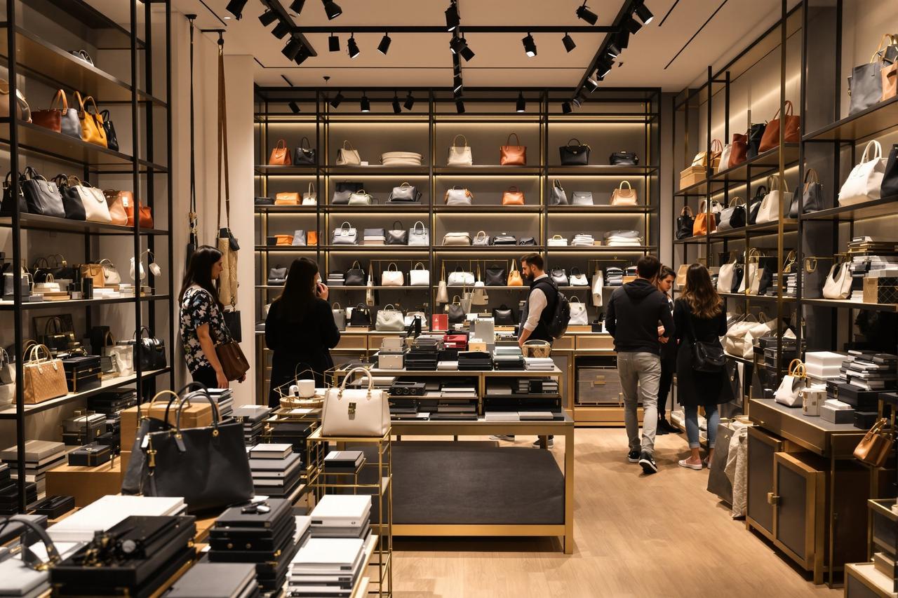 二手奢侈品店内时尚包包陈列的精致场景