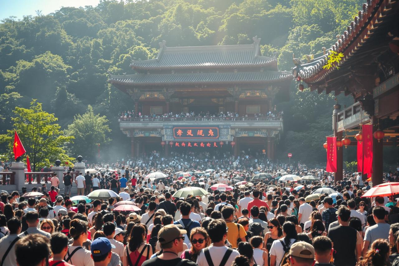 热门景区游客密集排队的拥挤场面